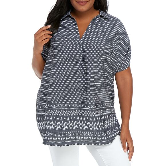 Kim Rogers Plus Size 2X Printed Short Sleeve Button Front Blouse Top Gray - Picture 1 of 7